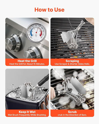 VEVOR Grill Brush and Scraper, BBQ Brush for Outdoor Grills, Stainless Steel Woven Wire, Bristle Free Barbecue Brushes for Porcelain, Charcoal, Grate Cleaner Grill Accessories, 17 in