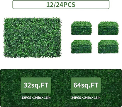 12PCS 24x16 Artificial Grass Wall Panels - Boxwood Privacy Screen UV Protected Waterproof Indoor Outdoor Garden Fence Backyard