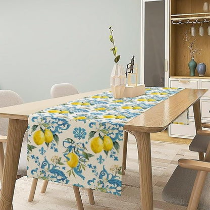 Lemon Flower Table Runner, Summer Fruit Sicilian Style Table Runner for Indoor Outdoor Kitchen Home Party Holiday Dining Table 13x70in