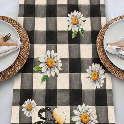 Seliem Spring Bee Gnome Table Runner, Honey Black White Buffalo Plaid Check Home Kitchen Dining Decor, Summer Seasonal Farmhouse Daisy Decorations Indoor Outdoor Anniversary Party Supply 13 x 36 Inch