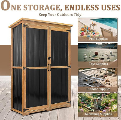 46" L Large Outdoor Storage Cabinet with Shelves, Wood & Metal Storage Shed Weather-Resistant, Outside Storage Cabinet for Garage Patio Backyard Garden with Waterproof Roof