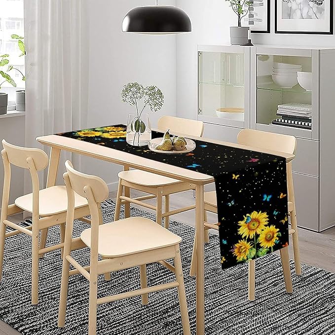 Farmhouse Sunflower Table Runner, Black Starry Spring Yellow Flowers Botanical Butterfly Table Runners for Dining Kitchen Holiday Party Table Decor, 13x108inch