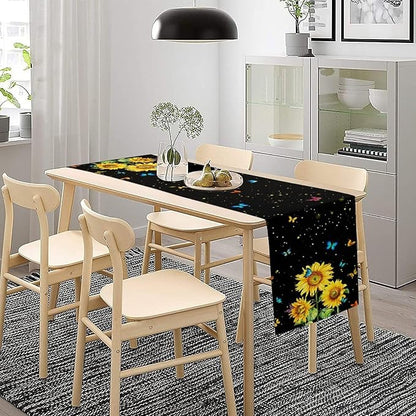 Farmhouse Sunflower Table Runner, Black Starry Spring Yellow Flowers Botanical Butterfly Table Runners for Dining Kitchen Holiday Party Table Decor, 13x90inch