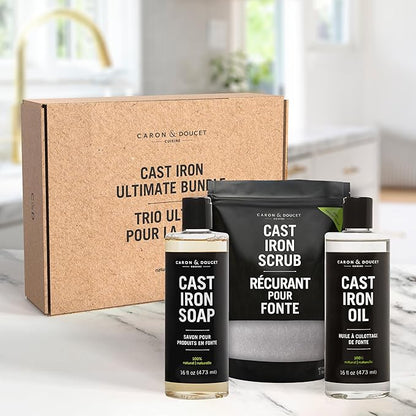 CARON & DOUCET – Ultimate Cast Iron Set PLUS: Seasoning Oil, Cleaning Soap & Restoring Scrub | 100% Plant-Based & Best for Cleaning Care, Washing, Restoring & Seasoning Skillets, Pans & Grills!