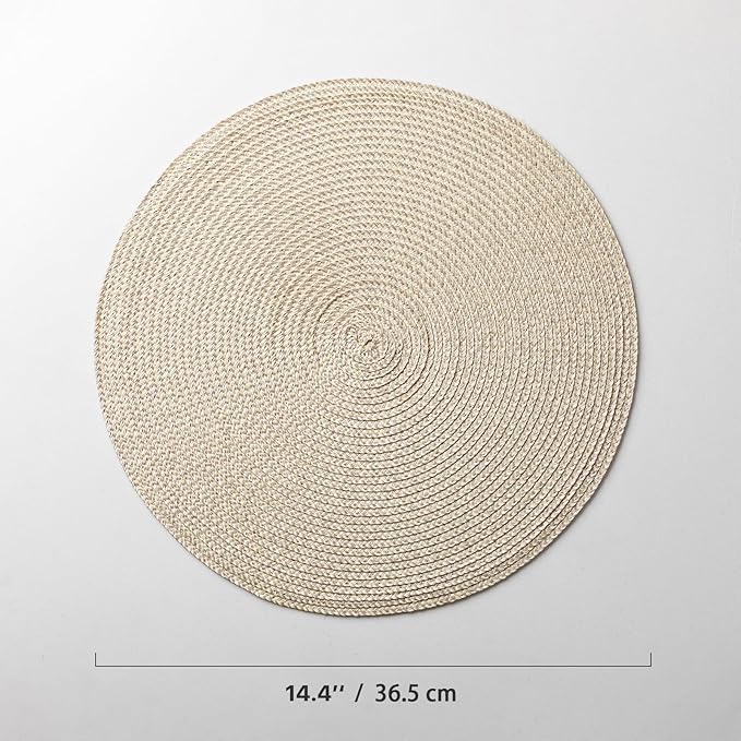 Round Placemats Set of 4 Plastic Woven Placemats Washable Wipeable Table Mats for Dining Table Heat Resistant Non-Slip Circle Place Mats (Beige-Brown)