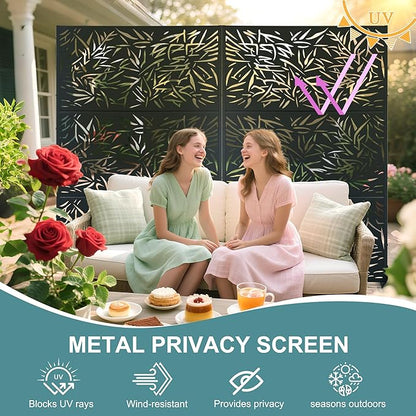 Metal Privacy Screen Outdoor Freestanding Privacy Wall Panels and Decorative Patio Dividers, Crafted from Steel with Sun-Proof Design, Ideal for Patio, Deck, Garden,72" H×47" L（Black&Bamboo）