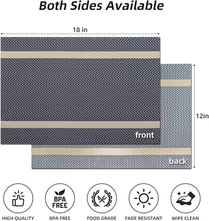 Vinyl Placemats Set of 8, PVC Woven Washable Non-Slip Table Mats, Heat Resistant Wrinkle Free Place Mats for Dining Table, Easy to Clean (Dark Blue)