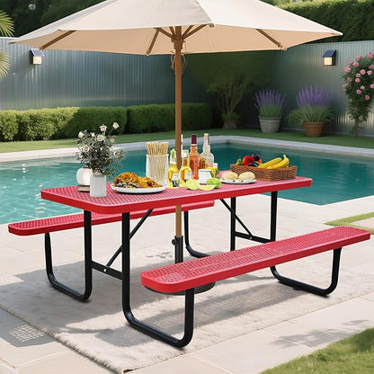 6FT Rectangular Metal Picnic Table for Outdoors, Commercial Steel Metal Picnic Tables, Heavy Duty Sturdy Picnic Tables Furniture Set for Patio Garden Courtyard BBQ, with Umbrella Hole, Red
