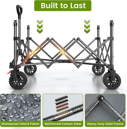 Collapsible Wagon Cart with Wider Wheels, 330lbs Heavy Duty Foldable Beach Wagon with Auto-Rebound Handle, 180L Utility Grocery Shopping Cart for Garden, Shopping, Camping, Sports, Gray