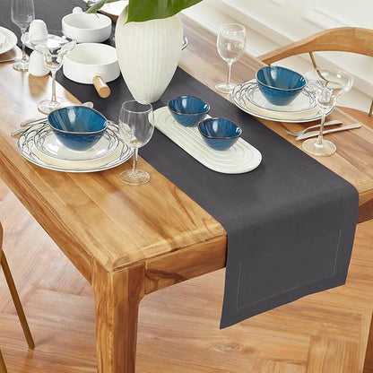 Solino Home Linen Table Runner 90 Inches Long - 100% Pure Linen Charcoal Table Runner 14 x 90 Inch for Winter - Medium Weight Hemstitch