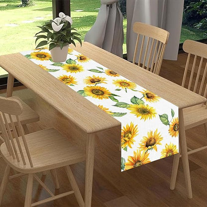 Sunfloral Table Runner, Summer Spring Seasonal Watercolor Sunshine Yellow Floral Sunflower Decorations Rustic Farmhouse Table Center Decor for Home Kitchen Dining Patio Indoor Outdoor, 13"x36" Inch