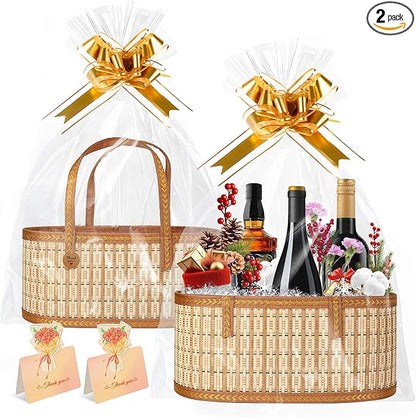 Leevcok 2 Set Baskets for Gifts Empty, Large Bamboo Gift Basket with Handle, Foldable Reusable Decorative Woven Basket for Christmas, Baby Shower, Mother's Day, Housewarming, Wedding