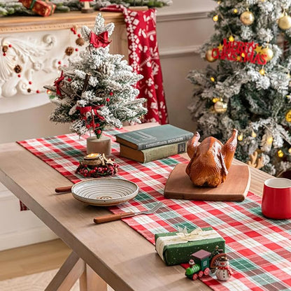 Red Gold Plaid Christmas Table Runner, Winter Holiday Table Runners 108 inches Long, Xmas Decorations Indoor Outdoor Farmhouse Home Kitchen Dining Party Decor
