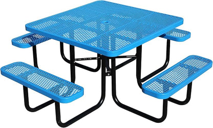 46'' Square Picnic Table for Outdoors, Commercial Steel Metal Picnic Tables, Heavy Duty Sturdy Picnic Tables Furniture Set for Patio Garden Courtyard BBQ, with Umbrella Hole, Blue