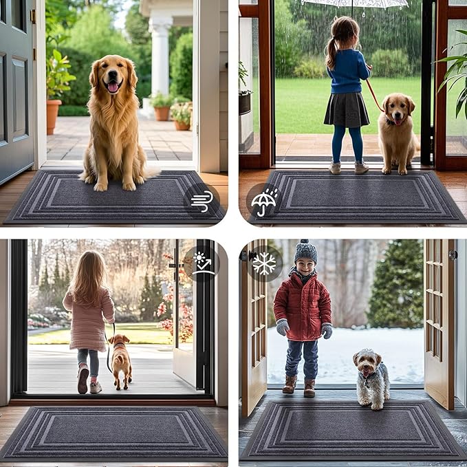 Buganda Front Door Mat Indoor Outdoor Entrance, Non-Slip Natural Rubber Doormats, Easy Clean, Low Profile, Dirt Trapper Entryway Floor Mats for Outside, Garages and Patios, 36x24, Grey