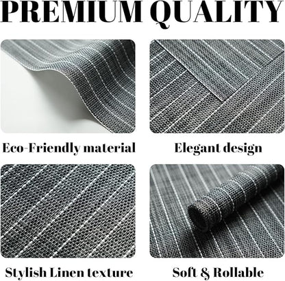 Placemats Set of 8 Vinyl/Plastic Woven Place Mats for Kitchen Table Indoor/Outdoor Washable Placemat Wipeable Dining Table Mats (Black Stripes,8)