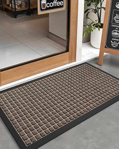 DEXI Front Door Mat Outside Entrance, 17x29 Rubber Entry Doormat Heavy Duty, Welcome Mats Non Slip for Inside House Floor Entryway Double Doors Exterior Patio, Checkered Brown