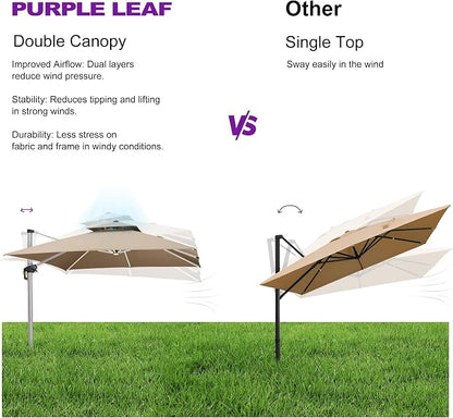 PURPLE LEAF Cantilever Umbrella 12'X12' Double Top Solar LED Light, Support to - Image 8