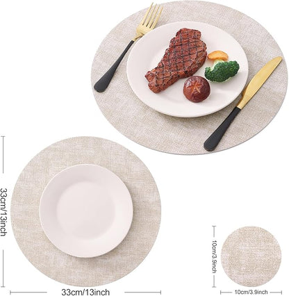 Homaxy Round Faux Leather Placemats and Coasters, Washable Dual-Side Table Mats, Wipeable Heat-Resistant Dining Place Mats for Outdoor and Indoor, Set of 8, Diameter 13 and 3.93 inch, Beige