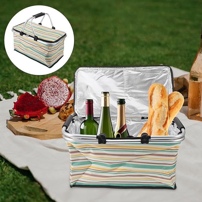Wear-Resistant Insulated Picnic Basket and Foldable Shopping Tote for Outdoor Dining with Thick Aluminum Foil Lining, Yellow-Green Pattern, No Ice Pack, Vehicle Use and Food