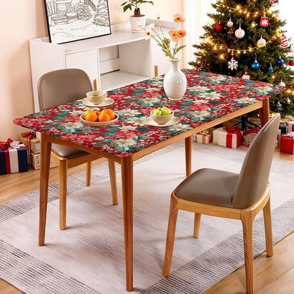 Rectangle Table Cloth Cover Waterproof Elastic Fitted Polyester Fitted Tablecloths for 6 Foot Tables for Indoor,Picnic, Camping, Outdoor （72" x 30"，Christmas Flowers）