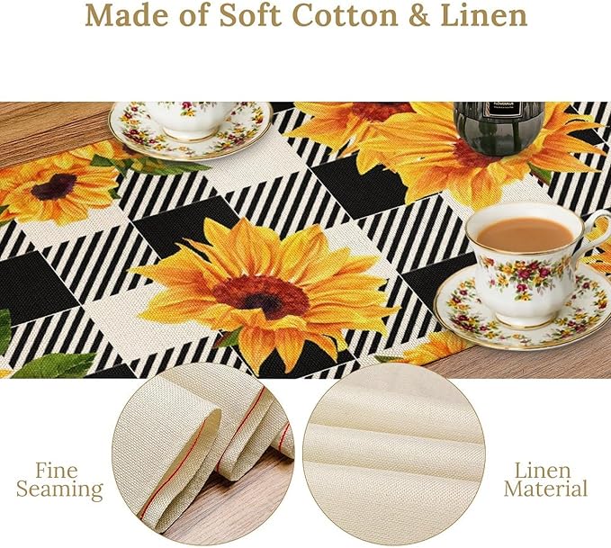 Yellow Sunflower Table Runner, Vintage Farmhouse Black White Sunshine Sunflowers Print for Autumn Farmhouse Home Kitchen Table Decoration,13x108inch