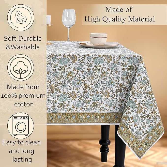 CPC Tablecloth 100% Cotton 80x120 Inch Indian Block Print Rectangle Table Cover, Blue Table Cloth for Weddings, Spring/Summer, Barbeque -Harvest Bloom