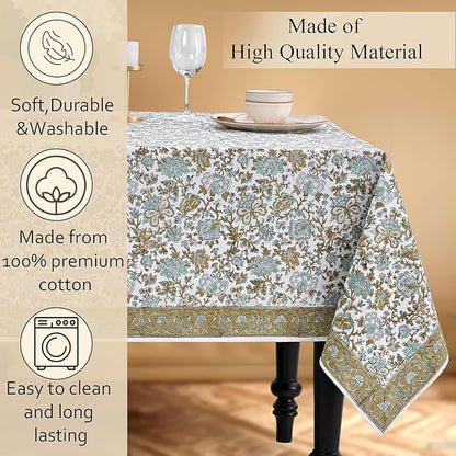 CPC Tablecloth 100% Cotton 80x120 Inch Indian Block Print Rectangle Table Cover, Blue Table Cloth for Weddings, Spring/Summer, Barbeque -Harvest Bloom