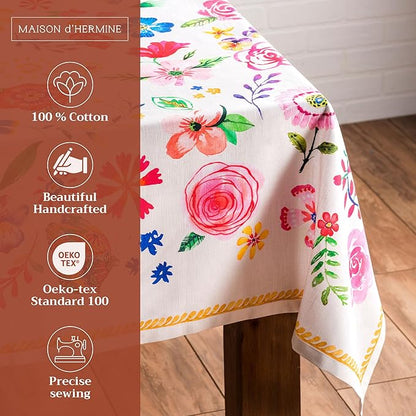 Maison d' Hermine Table Cloth Rectangle Table 100% Cotton 70 x 120 Inches Tablecloth Reusable for Dining Room, Farmhouse, Home, Party, Festive & Wedding Spring Summer - Happy Florals - Sweety