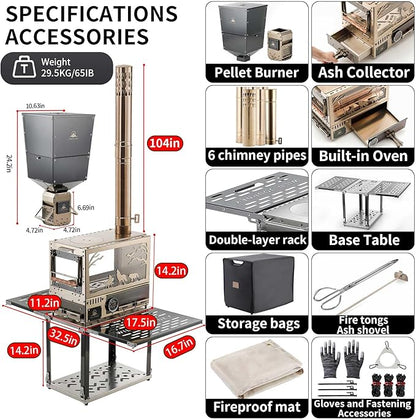 M8 Pellet Stove with Pellet Burner/Oven/Base - Portable Stainless Steel IGT Hot Tent Stove, Includes 6 Chimney Pipes for Camping, Tents, Cooking & Travel, Rose Gold