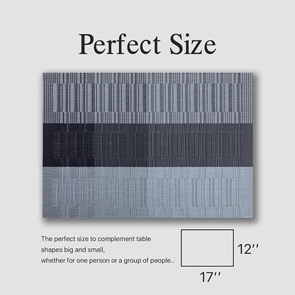 Placemats Set of 8 - Easy Clean Woven Vinyl Placemats for Dining Table, Indoor/Outdoor Place Mats, Washable PVC Table Mats （Silver Gray Black）