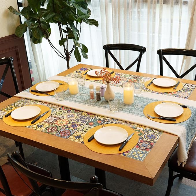 Round Faux Leather Placemats Set of 4 – 13 Inch Vinyl Table Mats, Heat Resistant, Non Slip, Wipeable & Washable, Easy to Clean Dining Table Decor for Kitchen & Dining Room – Golden Yellow