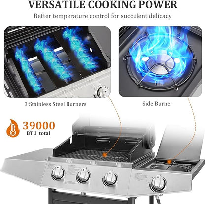 Unovivy 3-Burner Propane Gas BBQ Grill with Side Burner & Porcelain-Enameled Cast Iron Grates Built-in Thermometer, 39,000 BTU Outdoor Cooking, Patio, Garden Barbecue Grill, Black and Silver