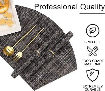 SHACOS Small Wedge Placemats Set of 4 Woven Vinyl Round Table Placemats Wipe Clean Round Table Mats Indoor Outdoor, Black Brown