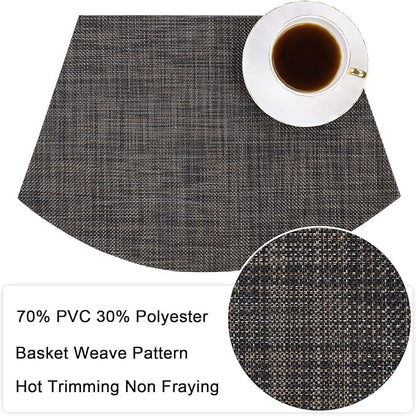 SHACOS Small Wedge Placemats Set of 4 Woven Vinyl Round Table Placemats Wipe Clean Round Table Mats Indoor Outdoor, Black Brown