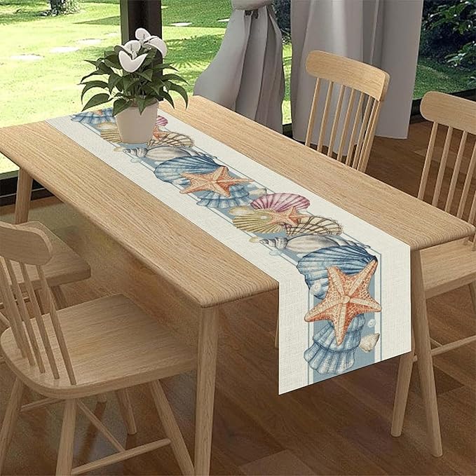 Summer Starfish Table Runner, Blue Sea Coastal Seashell Beach Nautical Starfish Ocean Table Runner Seasonal Holiday Home Kitchen Dining Table for Home Party Decor 13"x108"