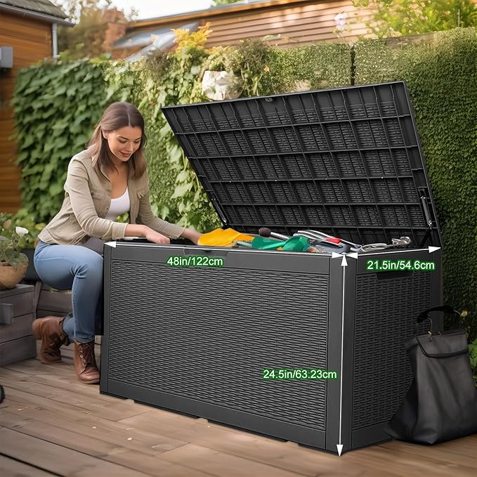 100 Gallon Waterproof Large Resin Deck Box, Lockable Storage Container for Patio Cushions, Garden Tools, Indoor & Outdoor (Black)