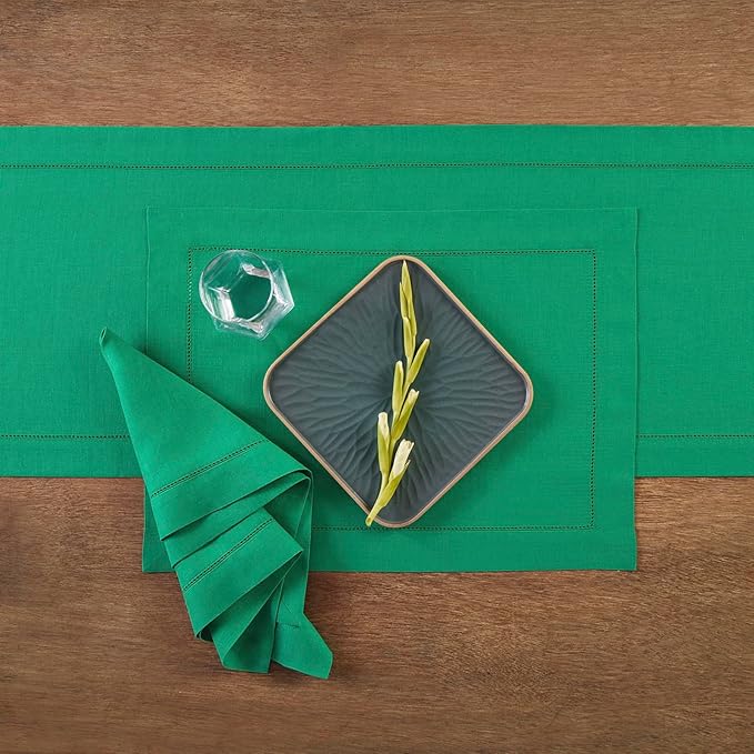 Solino Home Linen Hemstitch Table Runner 108 Inches Long - 100% Pure Linen Emerald Green Table Runner 14 x 108 Inch for St Patricks Day - Classic Hemstitch