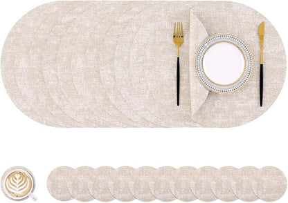 Homaxy Round Faux Leather Placemats and Coasters, Washable Dual-Side Table Mats, Wipeable Heat-Resistant Dining Place Mats for Outdoor and Indoor, Set of 12, Diameter 13 and 3.93 inch, Beige