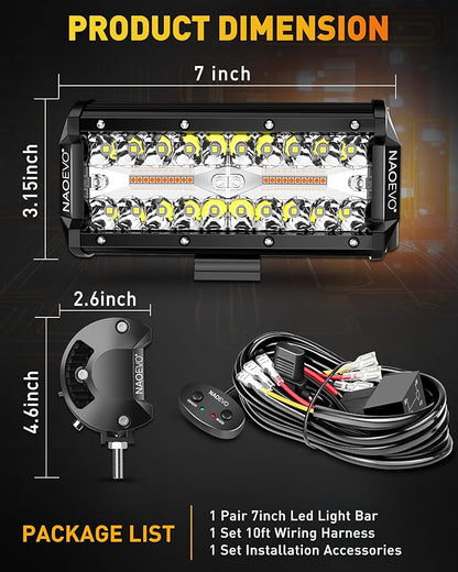 NAOEVO 7 Inch LED Light Bar, White Amber Offroad Fog/Driving Lights LED Pods with Strobe/Memory Function, 2 Leads Wiring Harness Included, Work for Truck Boat ATV UTV, 2-Pack (6 Modes)