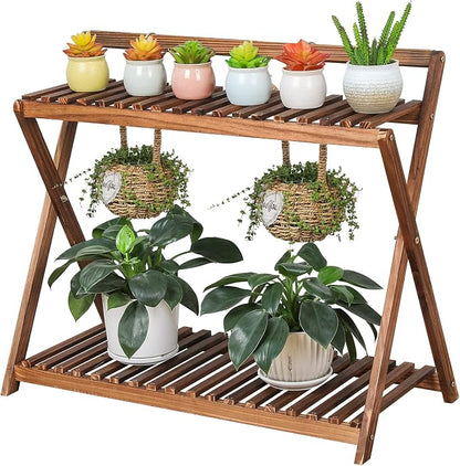 Indoor Plant Stand Shelf for Multiple Plants Hanging 2 Tier Wood | Outdoor by TOVACU