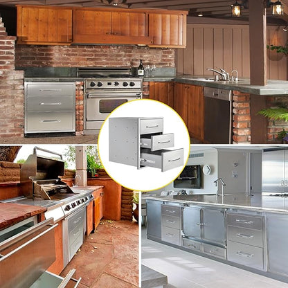 Outdoor Kitchen Drawers 16" W x 21" H x 23" D Flush Mount Triple BBQ Drawers with Chrome Handle Stainless Steel Drawer for Outdoor Kitchen Island, Patio Grill Station