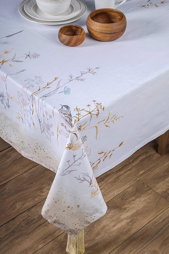 Maison d' Hermine Table Cloth Square Table 100% Cotton 60 x 60 Inches Tablecloth Reusable Decorative for Dining Room, Farmhouse, Home, Party, Festive & Wedding Spring Summer - Meadow Florals - Beige