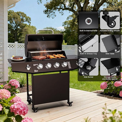 4-Burner Propane Gas Grill with Side Burner, 50,000 BTU Gas BBQ Grill with Stainless Steel Grates,Easy-Clean Grease, Side Tablesfor Patio, Camping, Backyard