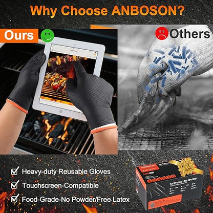 BBQ Gloves for Grilling Disposable Heat Resistant - 100 Nitrile Gloves + 4 Reusable Cotton Liners for Barbecue Smoker, Cooking Hot Meat - 10Mil Thick, Non-Slip Grip - Black Large