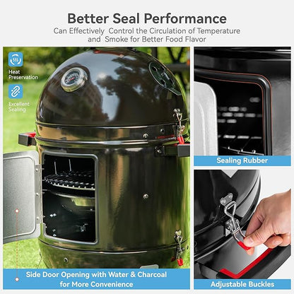 GREEN PARTY 18" Vertical Charcoal Smoker Grill Bullet Water Smoker Barbeque Grill, Outdoor BBQ Smokers Portable Meat Smoker Grill for Deck Patio Backyard Balcony Parties