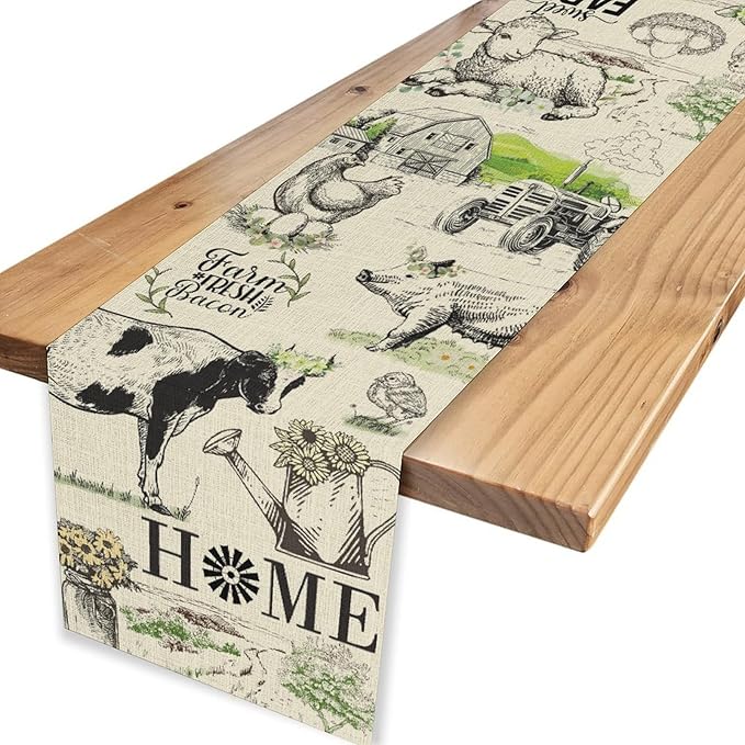 Farmhouse Cow Table Runner, Rustic Rooster Chicken Pig Floral Leaves Animals Spring Coffee Table Center Decor for Family Kitchen Dining and Outdoor Country Holiday Party Table Decorations, 13"x90"