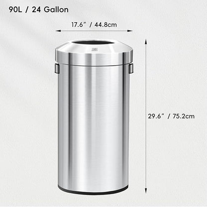 EKO Urban 24 Gallon Round Stainless Steel Open Top Waste Bin, Tall Commercial Trash Can for Indoor/Outdoor, Extra Large Metal Garbage Bin for Office, Restaurant, Restroom, 90L