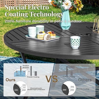 Outdoor Patio Round Dining Table for 6, 54"x 54" Metal Round Table with Adjustable Umbrella Hole, All Weather Wrought Iron Black Outdoor Table for Deck Lawn Garden Backyard, Black