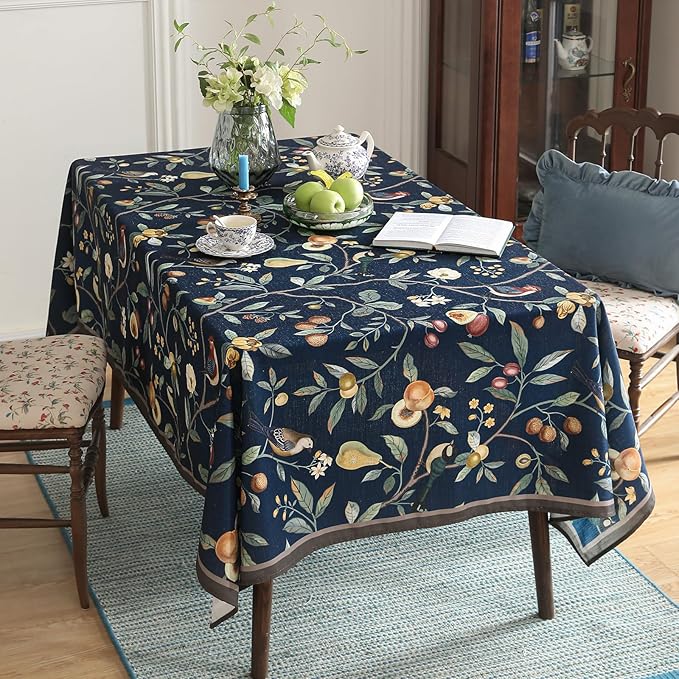 Linen Table Cloth Rectangle,Wrinkle Resistant French Blue Tablecloth Print with Froal,Decor Stitch Table Cloth for Thanksgiving,Dining Room,Home,Kitchen 63" × 102"-DeweyA Blue